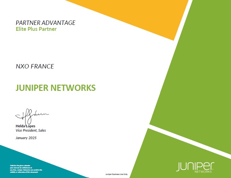 Juniper certificat PARTNER ADVANTAGE
Elite Plus Partner - NXO