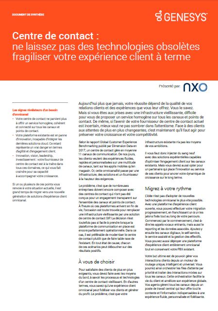 Brochure Genesys et NXO : ne laissez pas des technologies obsolètes fragiliser votre expérience client à terme. Couv